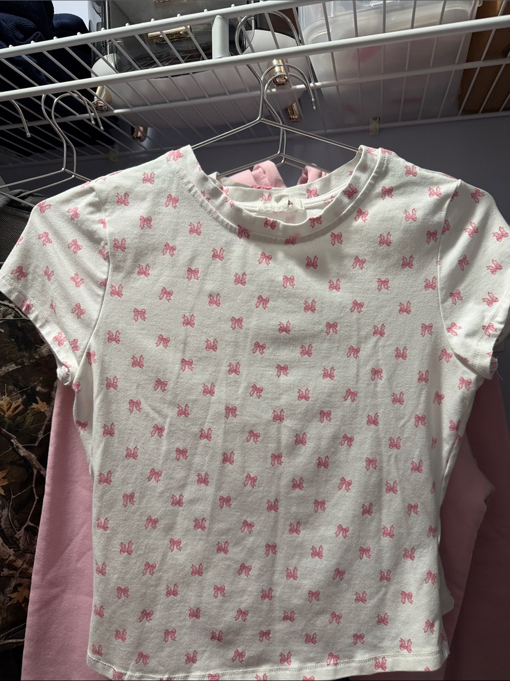 White Tee with Pink Bow Print - Cute Short Sleeve Top